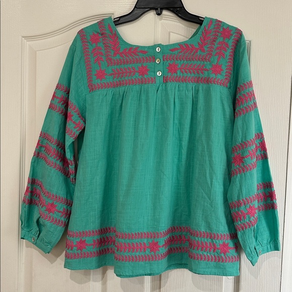 J.MARIE Embroidered Long Sleeve Top Sz S Teal Green & Pink Cotton - Picture 2 of 5